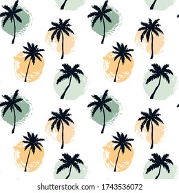 Hand drawn summer seamless pattern with palm trees and paint circles. Vector illustration
