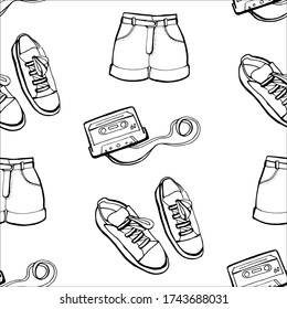 Hand drawn summer seamless pattern. 80s vector background. Artistic doddle drawing. Creative ink art work. Fashion illustration season objects.