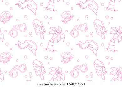 Hand drawn summer seamless pattern with coconut, glasses, ice cream, shell and other. Background beach theme with summer elements. Fashion illustration objects