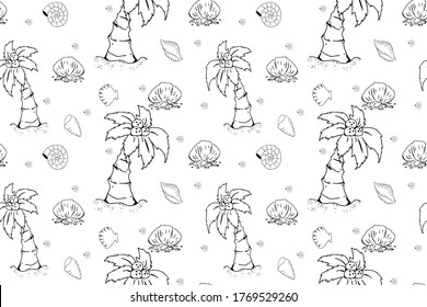 Patrón ininterrumpido de verano dibujado a mano con coco, conchas y otros. La temática de la playa de fondo con elementos de verano. Objetos de ilustración de moda