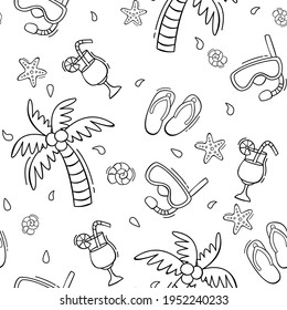 Hand drawn summer seamless pattern with palm tree, cocktail, flip flops, diving mask in doodle style. Vector illustration for wallpaper, background.