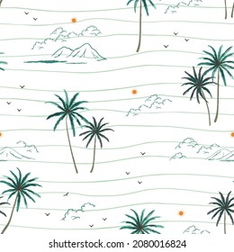 Hand drawn summer seamless pattern wih coconut tree on wavy background,vector illustration