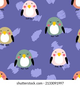Hand drawn summer seamless pattern with penguins and brush strokes. Perfect for T-shirt, textile and print. Doodle style vector illustration for decor and design.
