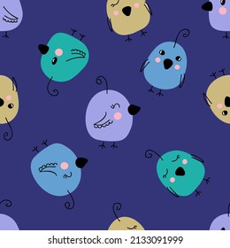 Hand drawn summer seamless pattern with colorful chickens. Perfect for textile, postcard and print. Doodle vector illustration for decor and design. 
