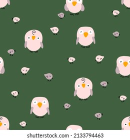 Hand drawn summer seamless pattern with owls and small birds. Perfect for T-shirt, textile and prints. Cartoon style vector illustration for decor and design.