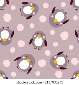 Hand drawn summer seamless pattern with penguins and drops. Perfect for T-shirt, textile and print. Doodle style vector illustration for decor and design.


