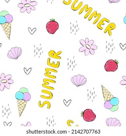 Hand drawn summer seamless pattern with strawberry, abstract, hearts, food doodle. Cute vector for paper, fabric, book, kitchen, children.