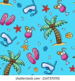 Hand drawn summer seamless pattern with palm tree, cocktail, flip flops, diving mask in doodle style. Vector illustration for wallpaper, background.