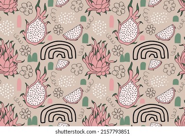 Hand drawn summer Seamless pattern with Dragon fruit. vector illustration