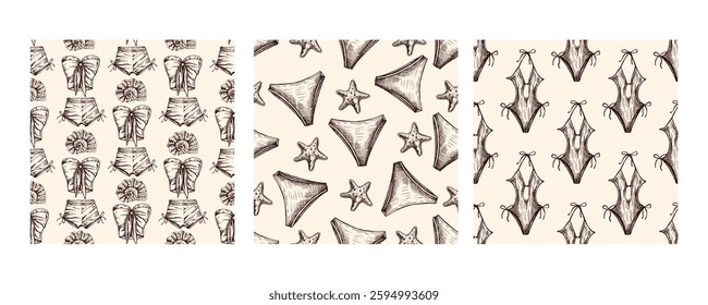 Hand drawn summer seamless pattern collection in vintage style with beige tones


