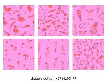 Padrão sem costura de verão desenhado à mão definido em rosa e vermelho com folhas de palma, sol, concha, farol, golfinho, flamingo, picolé, coquetel, abacaxi. Design de textura de viagens tropicais, moda de praia.