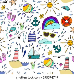 Hand drawn summer seamless pattern. Marina background. Stock vector.