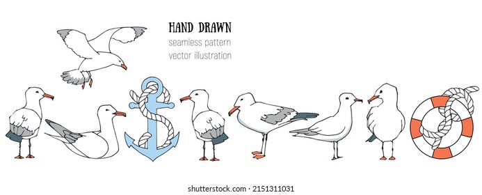 Hand drawn summer seaside horizontal seamless pattern. Sketch gull, seabird, flying seagull, anchor. Marine print in cartoon style. Doodle vector illustration. Sea, ocean, beach, sail. Border design