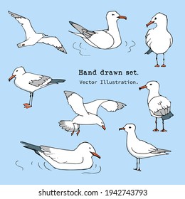 Hand drawn summer seaside print. Marine pattern in Doodle style. Set of gull, seabird, flying seagull .  Isolated cartoon vector illustration set. Collection of sketch icons. Sea, ocean, beach, sail