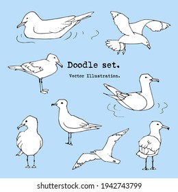 Hand drawn summer seaside print. Marine pattern in sketch style. Set of  white gull, seabird, flying seagull .  Isolated cartoon vector illustration set. Collection of Doodle  icons. Sea, ocean, beach