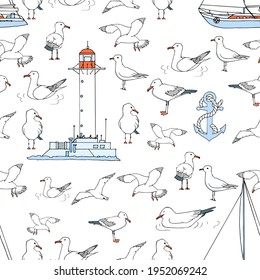 Hand drawn summer seaside seamless pattern. Sketch gull, seabird, flying seagull , lighthouse, anchor, yacht, boat. Marine print in cartoon style. Doodle vector illustration. Sea, ocean, beach, sail