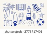 Hand drawn summer seaside set with palm trees, lighthouse, surfboard, suitcase, starfish and seashells. Mediterranean travel vector illustration in doodle style