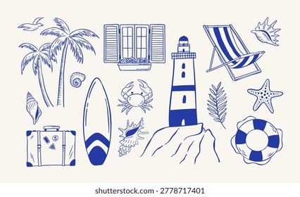 Hand drawn summer seaside set with palm trees, lighthouse, surfboard, suitcase, starfish and seashells. Mediterranean travel vector illustration in doodle style