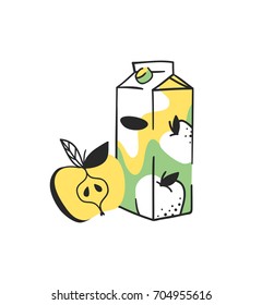 Hand drawn summer set of apple and juice pack. Vector artistic illustration drinks and fruit