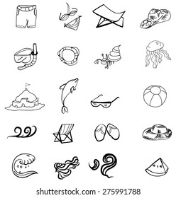 hand drawn summer set for the beach outline