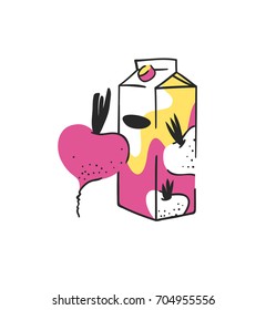 Hand drawn summer set of beetroot and juice pack. Vector artistic illustration drinks and vegetable