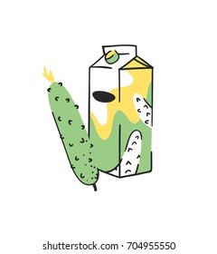 Hand drawn summer set of cucumber and juice pack. Vector artistic illustration drinks and vegetable
