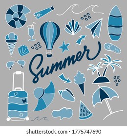 Handgezeichneter Sommer im Doodle-Stil einzeln auf grauem Hintergrund. Sammlung von Reisesymbolen. Vektor eps10