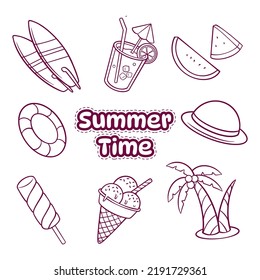 Juego de Doodle de verano dibujado a mano. Conjunto de iconos de verano