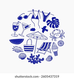 Hand drawn summer set. Fruits, ice cream, cocktails, beach items. Vector illustration