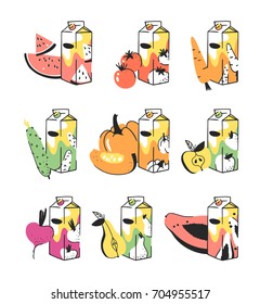 Hand drawn summer set of fruits, vegetables and juice pack. Vector artistic illustration watermelon, tomato, carrot, cucumber, pumpkin, apple, beetroot, pear, papaya drinks