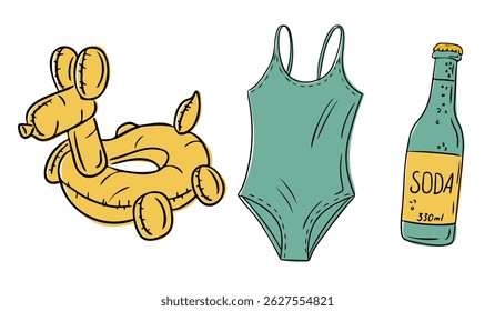 Hand drawn summer set with inflatable pool toy, swimsuit and soda bottle in bright colors. Concept of beach vacation, pool party fun and refreshing summer relaxation