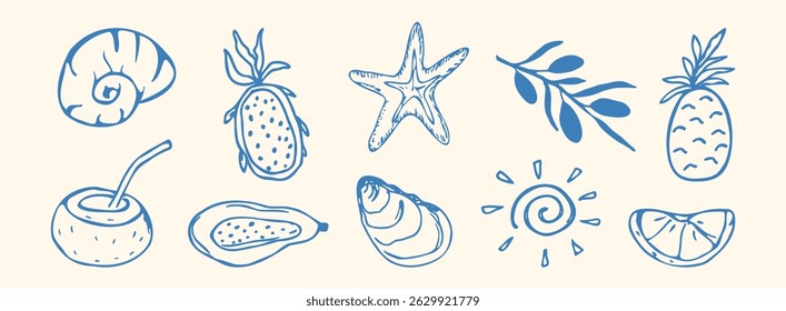Jogo de verão desenhado à mão. Comidas italianas, ostras, azeitonas, conchas, estrelas-do-mar. Praia costeira da Grécia, rabiscar frutos do mar gregos, elementos do mar da costa para cartaz, menu da Itália, esboço, cartaz, casamento. Vetor isolado 