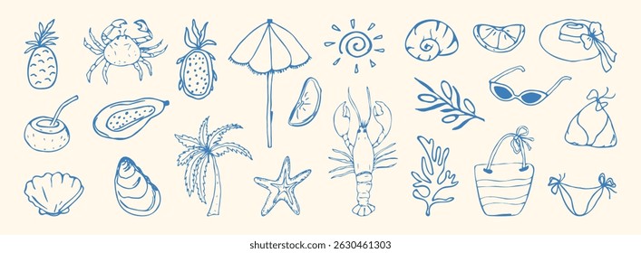 Hand drawn summer set. Italian foods, lobster, oyster, olive, lemon, shell. Coastal Greece beach, doodle greek seafood, coast sea elements for placard, Italy menu, sketch, poster, wedding. Vector illu