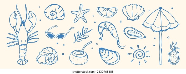 Hand drawn summer set. Italian foods, lobster, oyster, olive, lemon, shell. Greece beach, doodle greek seafood, coast sea blue elements for placard, Italy menu, sketch, poster, wedding. Vector illustr