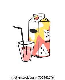 Hand drawn summer set of juice pack and glass. Vector artistic illustration watermelon drinks