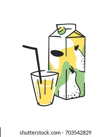 Hand drawn summer set of juice pack and glass. Vector artistic illustration pear drinks