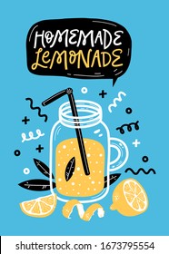 Hand drawn summer set with lemon, lemon slice, jar with lemonade and handwritten lettering. Vector illustration.