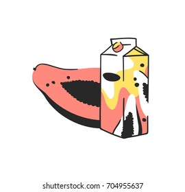 Hand drawn summer set of papaya and juice pack. Vector artistic illustration drinks and fruit