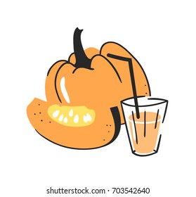 Hand drawn summer set of pumpkin, juice and glass. Vector artistic illustration drinks and vegetable