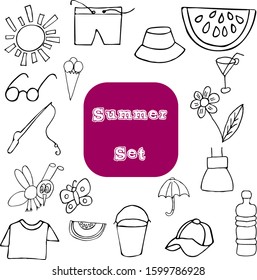 Hand drawn summer set. Stock vector illustration