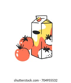 Hand drawn summer set of tomato and juice pack. Vector artistic illustration drinks and vegetable