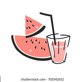 Hand drawn summer set of watermelon, juice and glass. Vector artistic illustration drinks and fruit