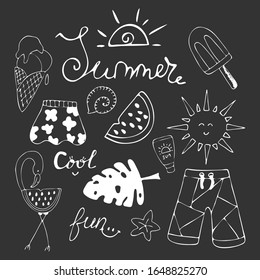 Hand drawn summer set. White elements on dark gray background. 