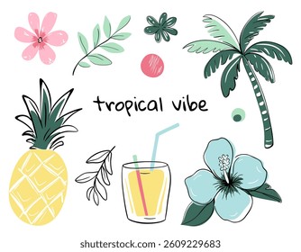 Handgezeichnetes einfaches Sommerstilset. Tropische Doodles im Sommer. Palmen, tropische Blumen, Cocktails. Exotische Sammlung.