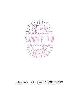 Hand drawn summer slogan with graphic elements isolated on white background. Gradient from living coral and deep violet. Summer fun