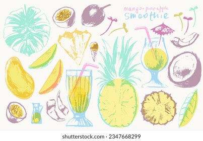 Dibujo manual de la receta, póster de vidrio e ingredientes, menú de bar de playa. Comida y bebida orgánica, detox de frutas tropicales. Mango, piña, fruta de la pasión, mitad de coco y rodajas.