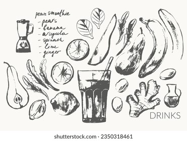 Hand drawn summer smoothie recipe illustration, glass and ingredients poster. Organic food and drink, fruit and vegetable detox. Pear, banana, lime, arugula, ginger, spinach, greens, jug, blender.