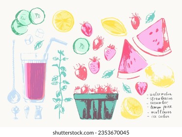 Hand drawn summer smoothie recipe illustration, glass and ingredients poster. Organic food and drink, healthy fruit and vegetable detox. Watermelon, cucumber, lemon, mint, strawberry, slice.