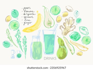 Hand drawn summer smoothie recipe illustration, glass and ingredients poster. Food and drink, healthy fruit and vegetable detox. Pear, banana, lime, arugula, ginger, spinach, slice, jug, blender.