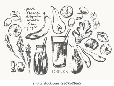 Hand drawn summer smoothie recipe illustration, glass and ingredients poster. Food and drink, fruit and vegetable detox. Pear, banana, lime, arugula, ginger, spinach, greens, slice, jug, blender.